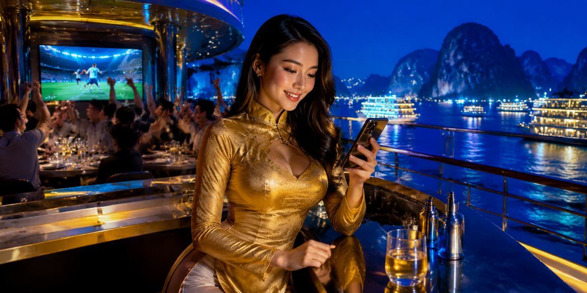 Người chơi trải nghiệm casino trực tuyến trên điện thoại tại vịnh Hạ Long với trang phục áo dài