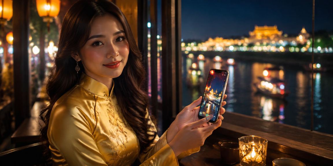 Người dùng Sài Gòn chơi casino trực tuyến trên điện thoại với trang phục áo dài truyền thống